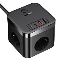 Быстрое настольное зарядное устройство 7 в 1: 3-Розетки+2U+2C 30W Baseus PowerCombo Cube Power Strip, длина кабеля 1.5 м EU (E00066400117-00) - фото 2