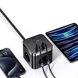 Быстрое настольное зарядное устройство 7 в 1: 3-Розетки+2U+2C 30W Baseus PowerCombo Cube Power Strip, длина кабеля 1.5 м EU (E00066400117-00) - фото 5