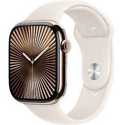 Apple Watch Series 10 46mm GPS + Cellular Gold Titanium Case with Starlight Sport Band S/M (MWYX3) - фото 1