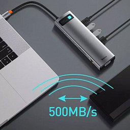 USB-C хаб Baseus 11-in-1 HUB PD 100W SD/Micro SD 3USB/1USB-C/1x3.5mm/2HDMI 4K 30Hz/VGA/1Ethernet (CAHUB-CT0G), тёмно-серый - фото 4