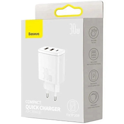 Сетевое зарядное устройство Baseus Compact Quick Charger, мощность Qi: 30 Вт, 20 Вт, EU, белый (CCXJ-E02) - фото 5