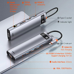 USB-C хаб Baseus 11-in-1 HUB PD 100W SD/Micro SD 3USB/1USB-C/1x3.5mm/2HDMI 4K 30Hz/VGA/1Ethernet (CAHUB-CT0G), тёмно-серый - фото 5