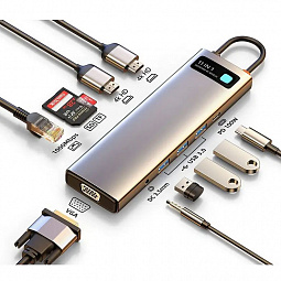 USB-C хаб Baseus 11-in-1 HUB PD 100W SD/Micro SD 3USB/1USB-C/1x3.5mm/2HDMI 4K 30Hz/VGA/1Ethernet (CAHUB-CT0G), тёмно-серый - фото 3