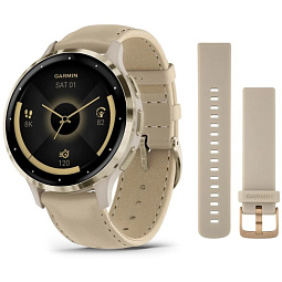 Умные часы Garmin VENU 3S, французский серый с золотистым безелем и кожаным ремешком (010-02785-55) - фото 1