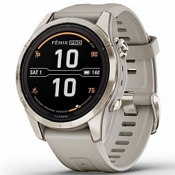 Умные часы Garmin FENIX 7S PRO Sapphire Solar, золотистый корпус со светло-песочным ремешком (010-02776-15) - фото 1