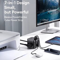 Быстрое настольное зарядное устройство 7 в 1: 3-Розетки+2U+2C 30W Baseus PowerCombo Cube Power Strip, длина кабеля 1.5 м EU (E00066400117-00) - фото 9