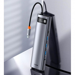 USB-C хаб Baseus 11-in-1 HUB PD 100W SD/Micro SD 3USB/1USB-C/1x3.5mm/2HDMI 4K 30Hz/VGA/1Ethernet (CAHUB-CT0G), тёмно-серый - фото 7