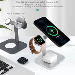 Беспроводное зарядное устройство COTECI WS-36 3 in 1 MagSafe Magnetic Wireless Fast Charger, Silver - фото 3