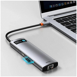 USB-концентратор Хаб Hub Baseus Metal Gleam Series 8 в 1 (Space Grey) Type-C(PD), 4k HDMI, SD, MicroSD, RJ45, 3xUSB 3.0 (CAHUB-CV0G) - фото 6