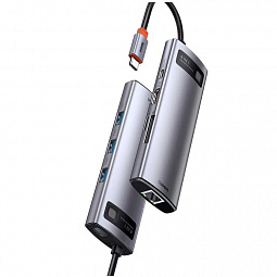 USB-концентратор Хаб Hub Baseus Metal Gleam Series 8 в 1 (Space Grey) Type-C(PD), 4k HDMI, SD, MicroSD, RJ45, 3xUSB 3.0 (CAHUB-CV0G) - фото 3