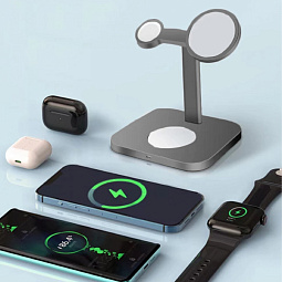 Беспроводное зарядное устройство COTECI WS-36 3 in 1 MagSafe Magnetic Wireless Fast Charger, Gray - фото 3